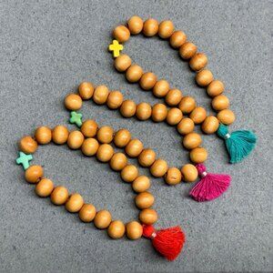 Wooden Beaded Bracelet Lot of 3 Multicolor Cross Tassels BoHo Hippie Religious